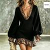 Robe en maille pour femme, patchwork léopard, décolleté plongeant en V, manches lanterne, ourlet à volants, mini robe moulante, tenue de soirée mode, automne hiver