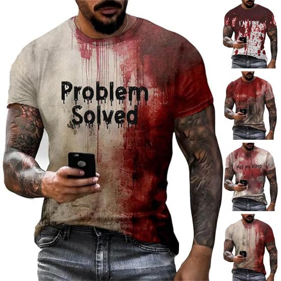Men Halloween T-shirt Spooky Crew Neck Short Sleeve Tee Blood Stain Print T-shirt for Halloween Dress-up Horror Themed Party