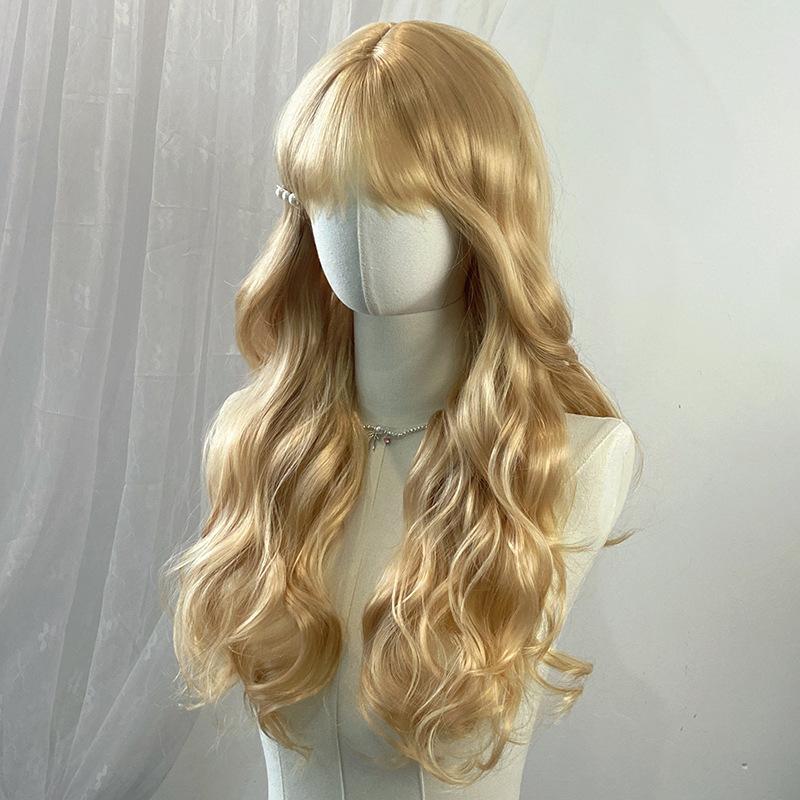 Japanese Korean Black Long Curly Hair Wig Women's Air Bangs Big Waves Synthetic Full Head Cover