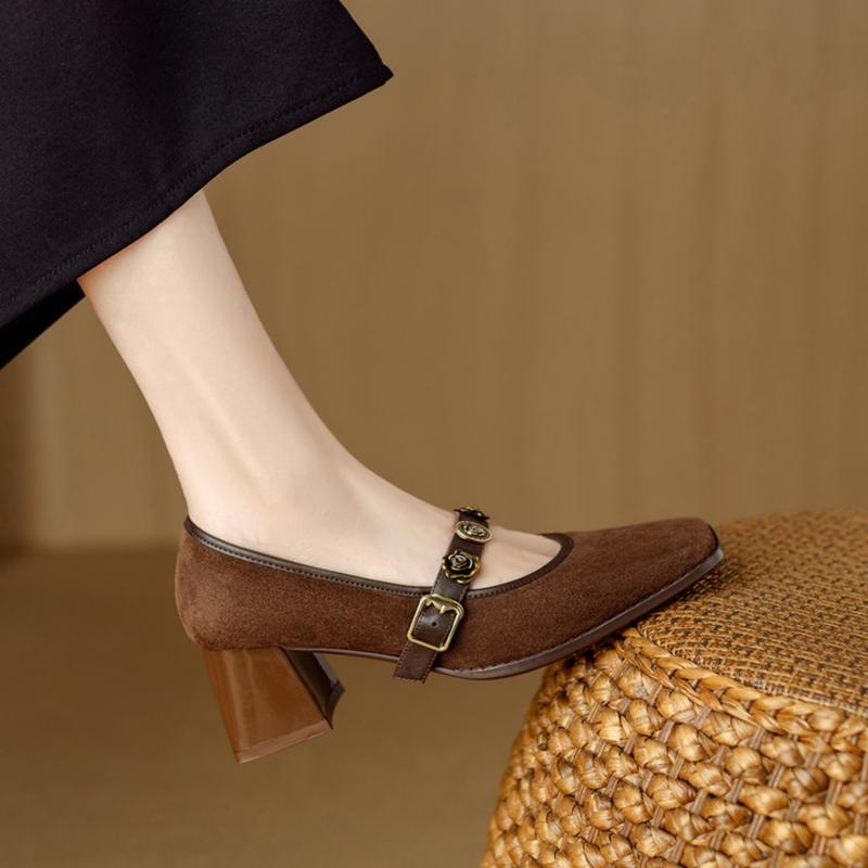 Fashion NEW Spring/Autumn Women Pumps Square Toe Chunky Heel Shoes Sheep Suede Leather Shoes for Women Slip-on Metal Buckle Strap Shoes