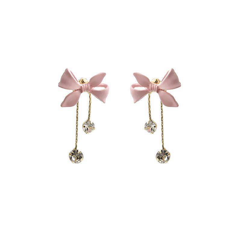 Long Pink Bow Fringed Earrings, Beautiful Temperament, Super Fairy Rhinestone Fairy Wind Thin Stud Earrings