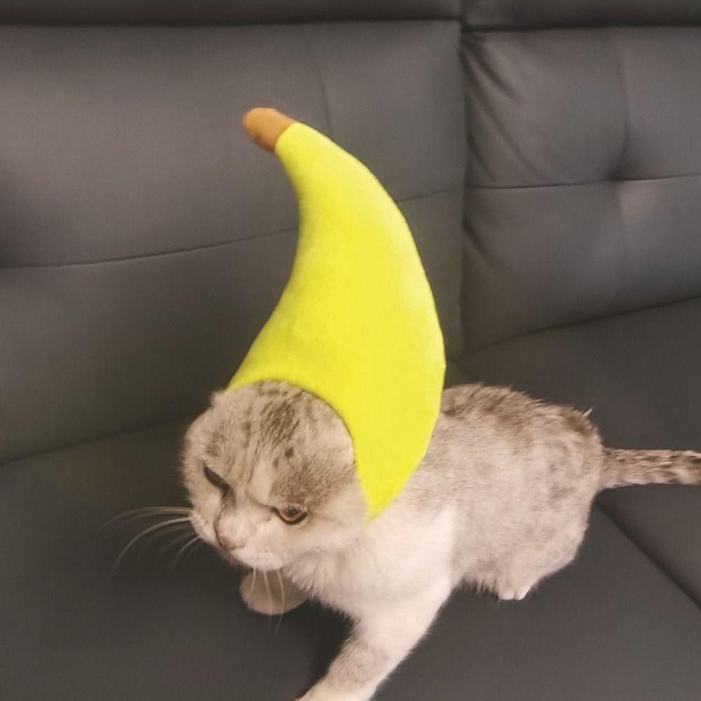 Pet Party Cap Cute Banana Cat Head Cover Adjustable Soft Pet Headwear Deformable Plush Role-Playing Costume Photo Prop