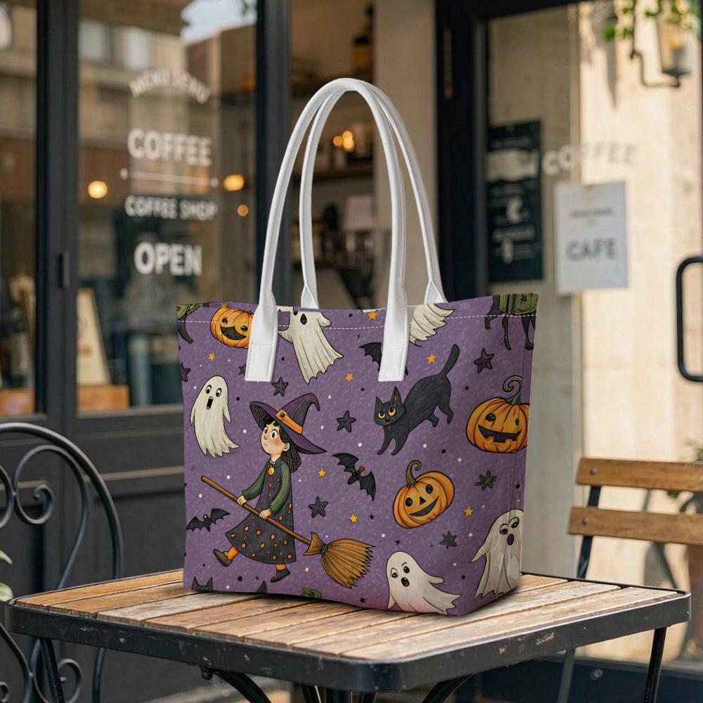 Halloween Witch Tote Bag Cute Ghost Pumpkin Print Large Capacity Casual Portable Shoulder Bag for Daily Use