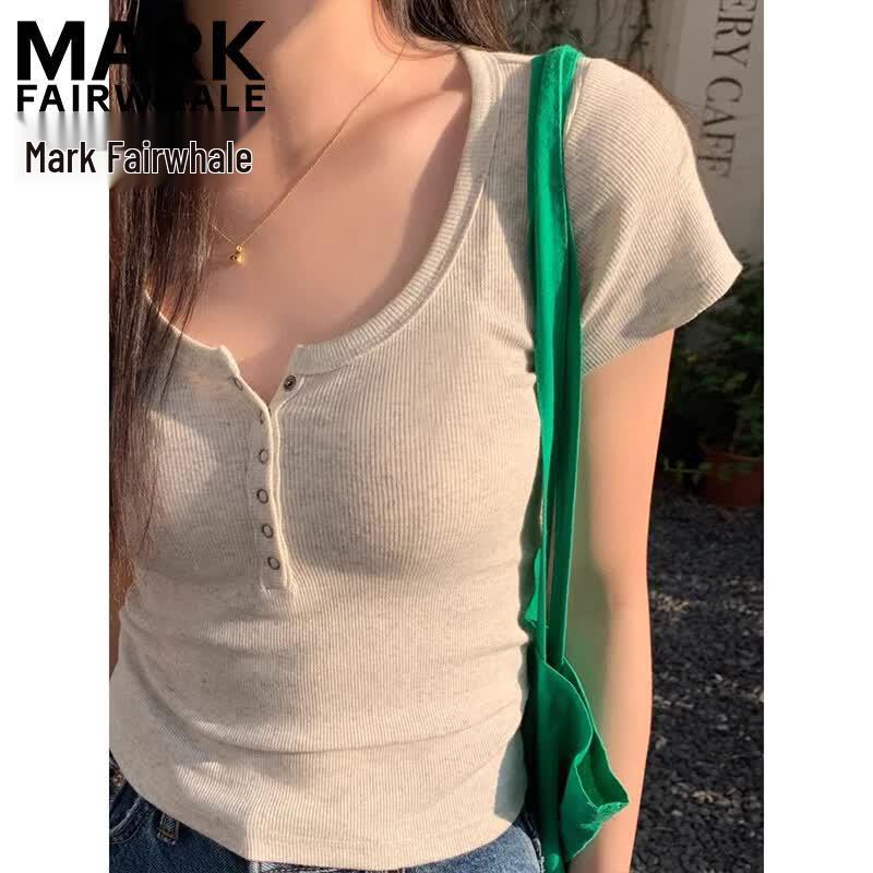 Mark Fairwhale Women's Slim Fit Half-Open Collar Short Sleeve T-Shirt