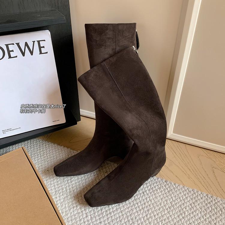 Inside and Outside Full Leather Square Head Rear Zipper Chelsea Boots Cowhide European and Korean Simple Retro Inner Height-increasing Short Boots W