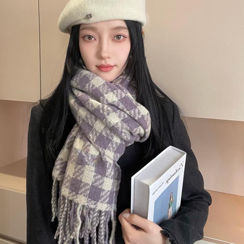 Women's Faux Cashmere Plaid Scarf - Korean Style, Thick & Warm Autumn/Winter Shawl