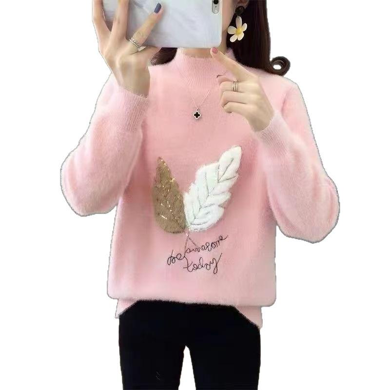 Women's Faux Mink Velvet Sweater: Versatile Autumn/Winter Half-High Neck Knit Pullover