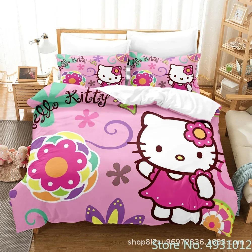 Cute Hello Kitty Colors Bedding Set Pillowcase Japanese Anime Bedclothes 3D Printed Quilt Cover Duvet Cover Baby Kids Child Gift
