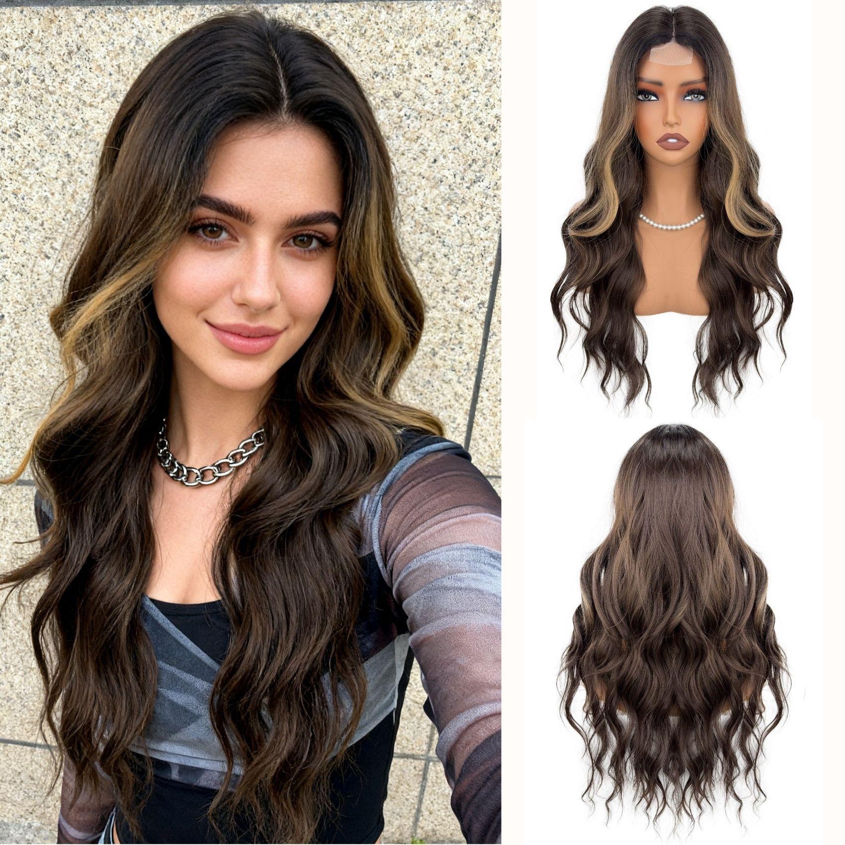 Women Long Wave Hair Synthetic Mixed Golden Brown Wigs for Daily Cosplay Heat Resistant Fibre золотисто-коричневый