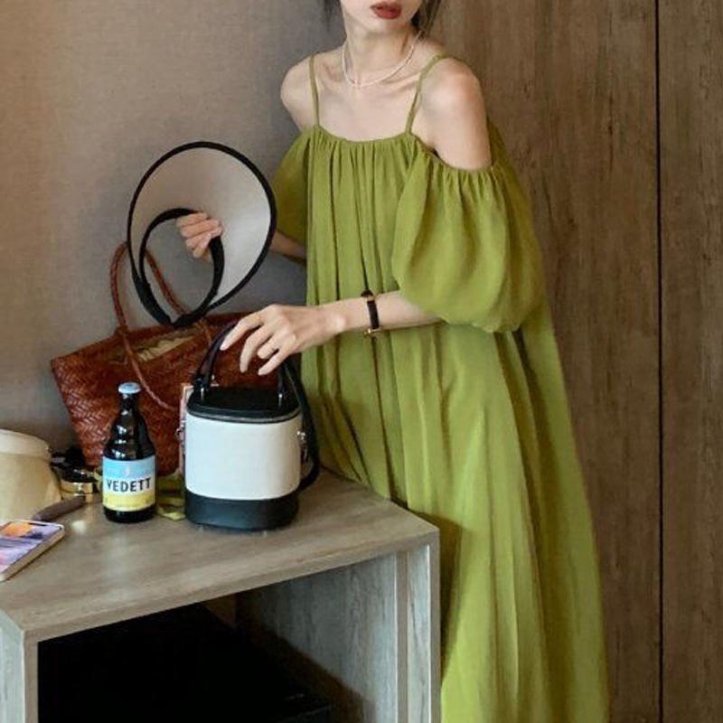 Women's Off-the-shoulder Halter Dress Summer French Line Shoulder Temperament Slimming Beach Dress