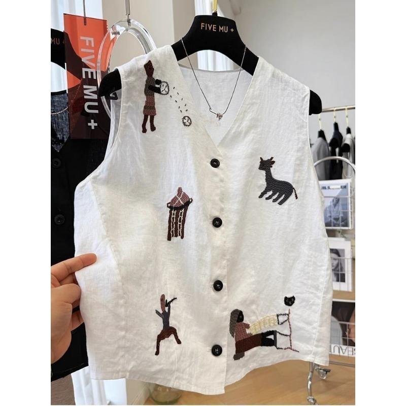 Women Cartoon Character And Animal Embroidered V Neck Button Front Linen Blend Sleeveless Vest