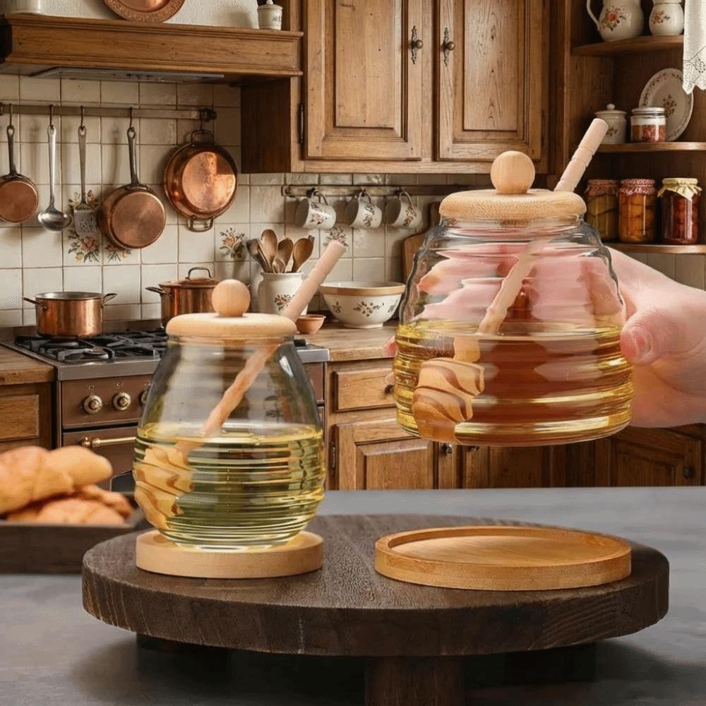 Transparent Glass Honeycomb Tank 280/400/500ml Honey Storage Container With Dipper And Lid Large Capacity Elegant Honey Bottle