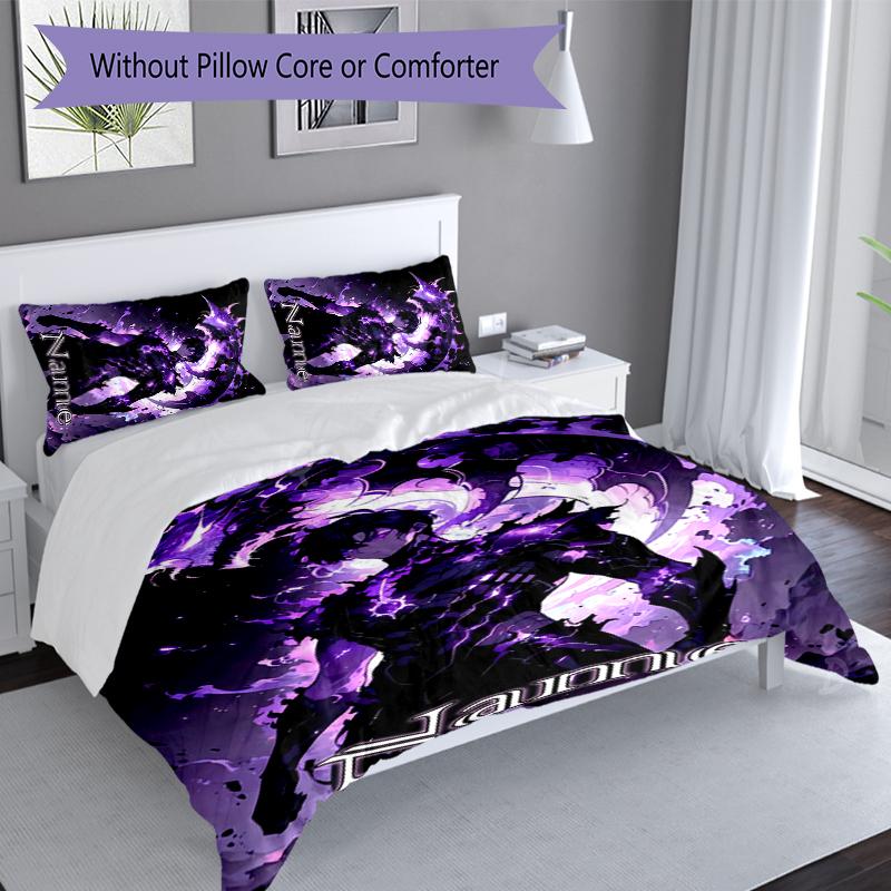 3pcs Custom Name Solo Leveling Bedding Set,Includes 1 Duvet Cover and 2 Pillowcases,All-season Bedroom Decor