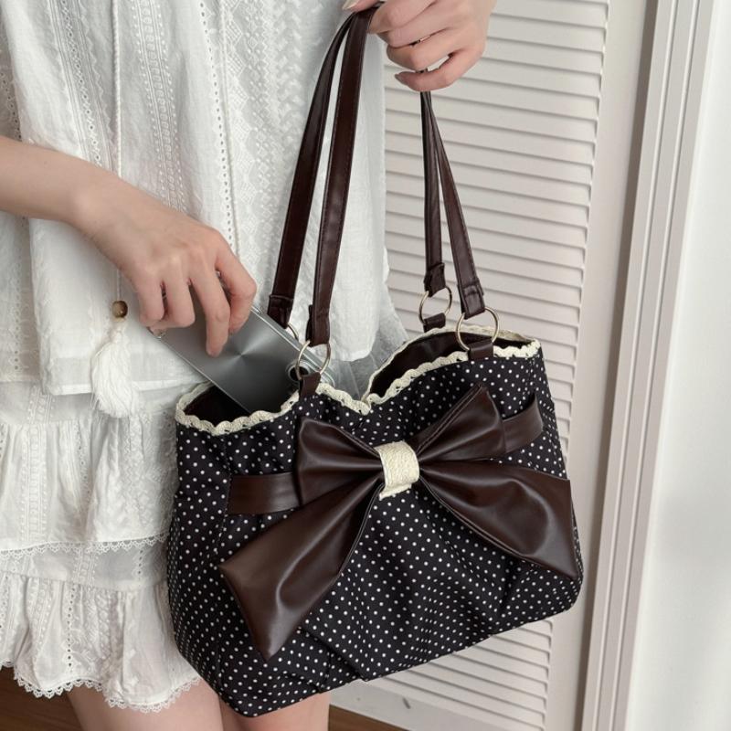 Polka Dot Shoulder Bag With Large Bow Decor Lace Trim Large Capacity Tote Bag Sweet Vintage Style Women Versatile Commut Handbag