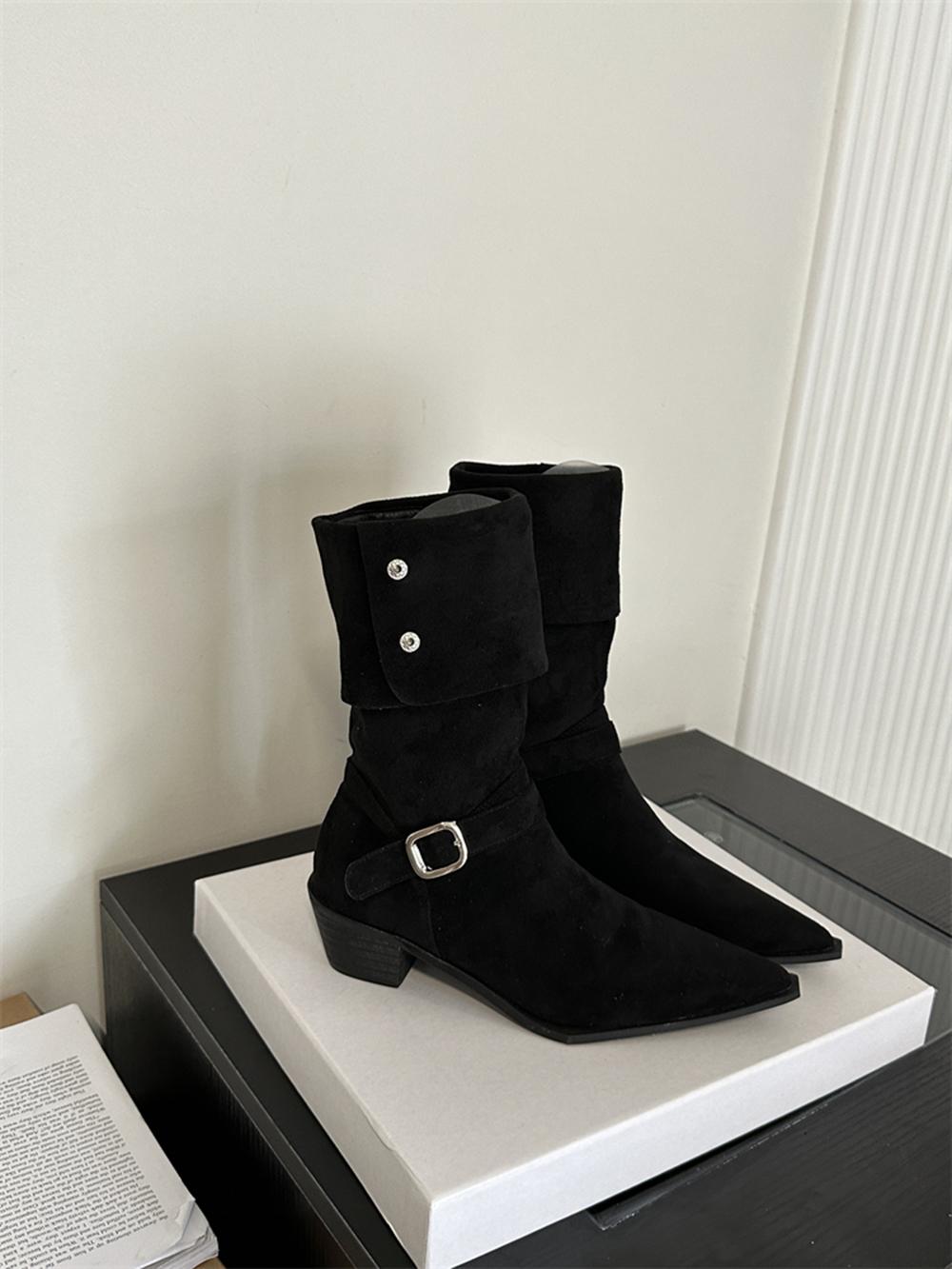 

Модные женские сапоги из флока средней длины с острым носком, зимние носки, плоские туфли на низком каблуке, черные, бежевые, коричневые, женские, размер 35-39 7.5 чёрный