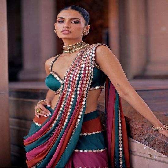 Vibrant Multi-Hued Striped Mirror-Work Saree