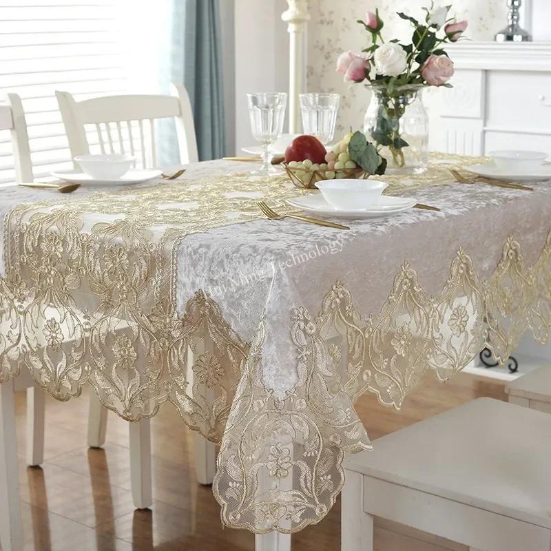 Luxe Gouden Zilveren Fluweel Geborduurd Kant Tafelkleed Rechthoekige Eettafelhoes Kast Stofbeschermer 105X105cm