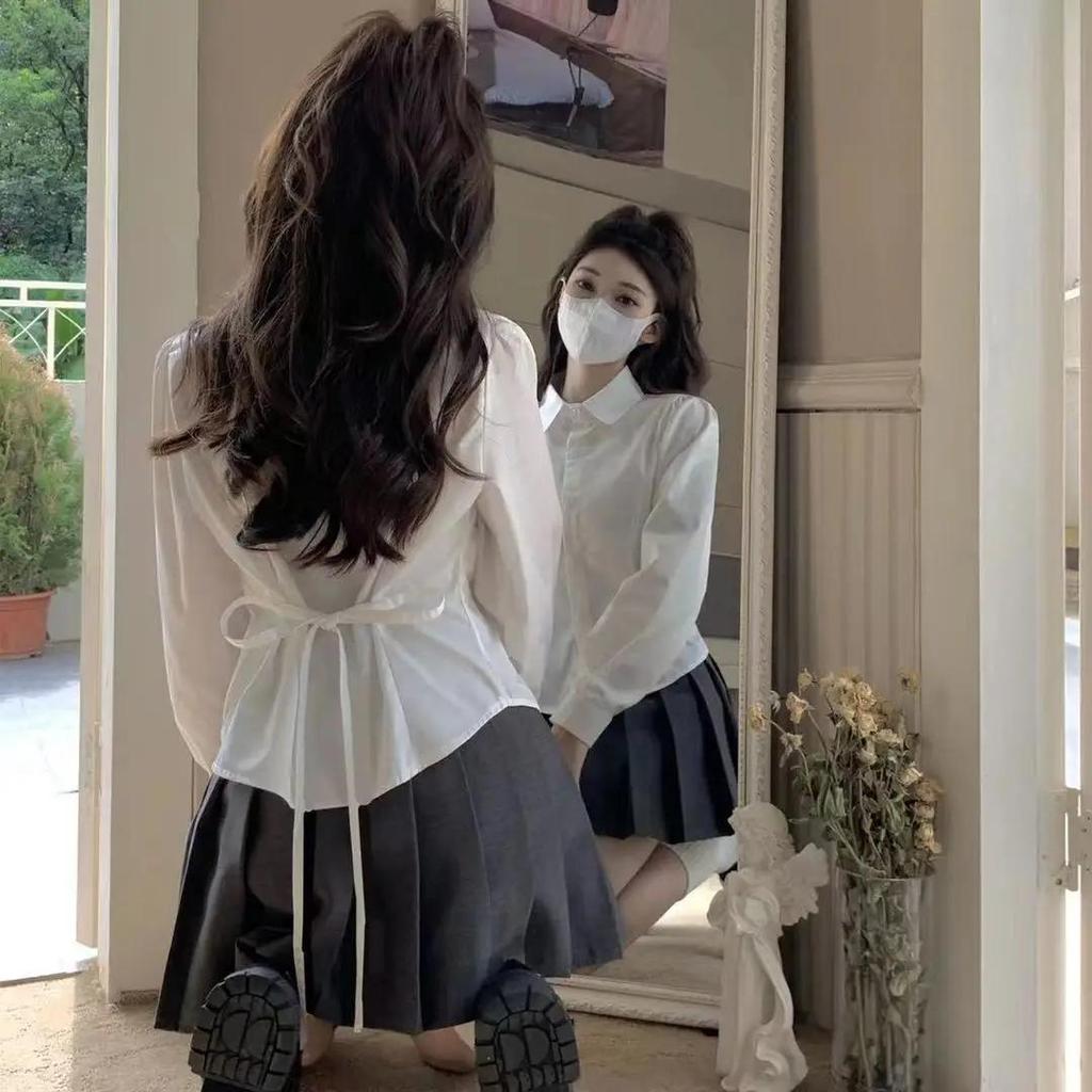 Female Korean White Office Women Chiffon Shirt Pocket Button Lapel Ladies Blouse Spring Commuter Long Sleeve Crop Tops