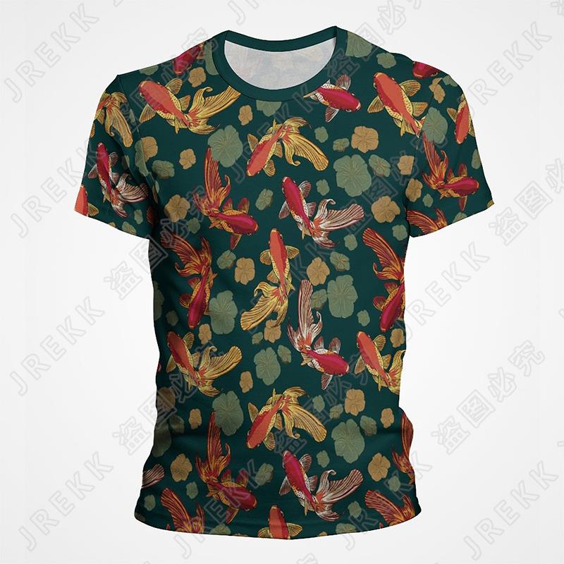 Goldfish and Koi Pattern Printed T-shirt Summer Men's Retro Top Fashion Trend Cool 3D Printed Top T-shirt Pullover