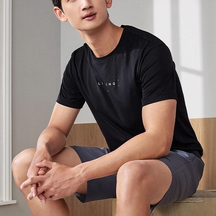 Li-Ning Fitness Series Letter Print Crew Neck Short Sleeve T-Shirt Men Tops Black ATST103-1