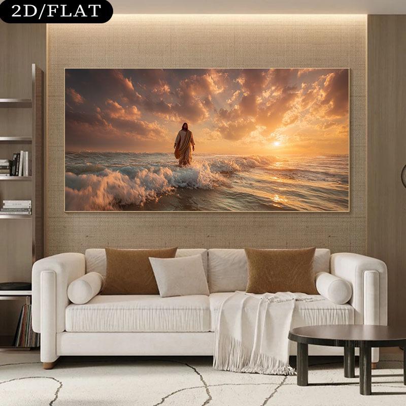Jesus Walking On Water Canvas Poster - Minimalist Bohemian Bible Wall Art Suitable for Living Room Jesus Christ & Disciples On Calm Water