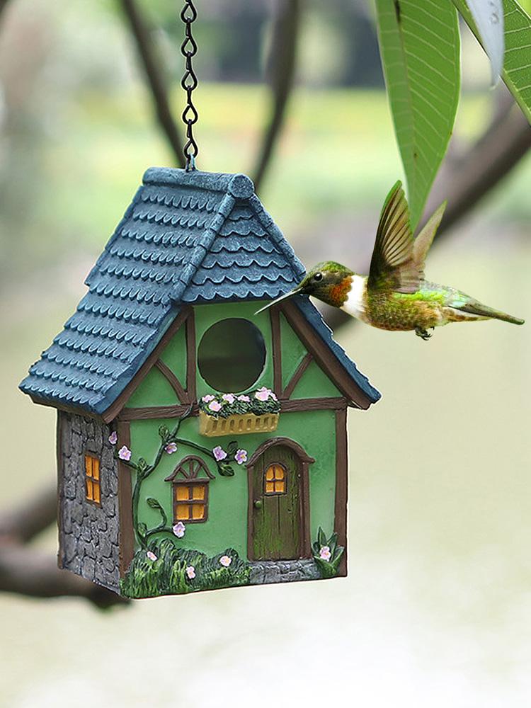 Resin Bird House Outdoor Hanging Feeder Nest Box Garden Yard Decor Craft Ornament