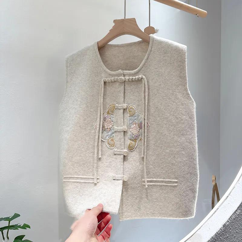 Vest Gilet Spring and Autumn Button Outerwear Chinese Style National Wind Versatile Embroidered Cardigan Knitted Outer Sweater Women's