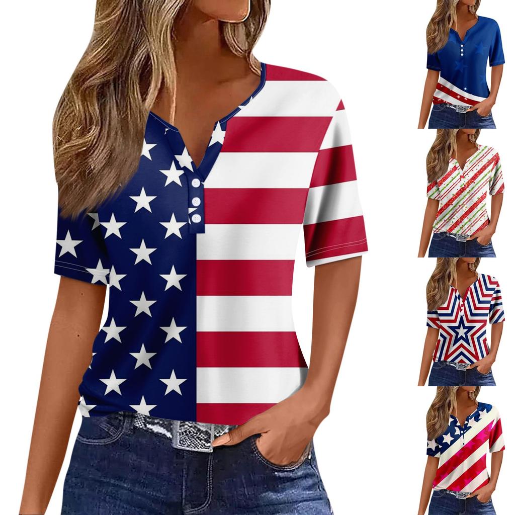Women's T Shirt Tee Independence Day Print Button Short Sleeve Daily Weekend Fashion Basic V- Neck Regular Top