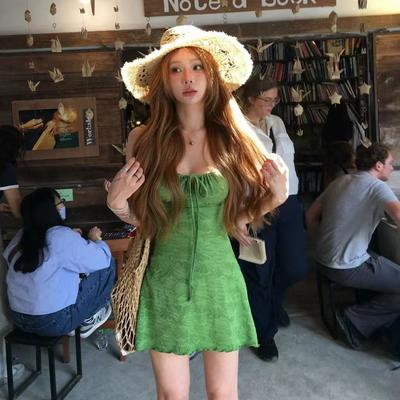 Fabric Shoulder Strap Adjustable + Shorts] Retro Vacation Suspender Dress Women's Summer Green A-word Short Skirt