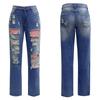 Damen-Jeans mit Rissen, Frühjahr 2025 – Lässige lange Hose mit Printapplikationen