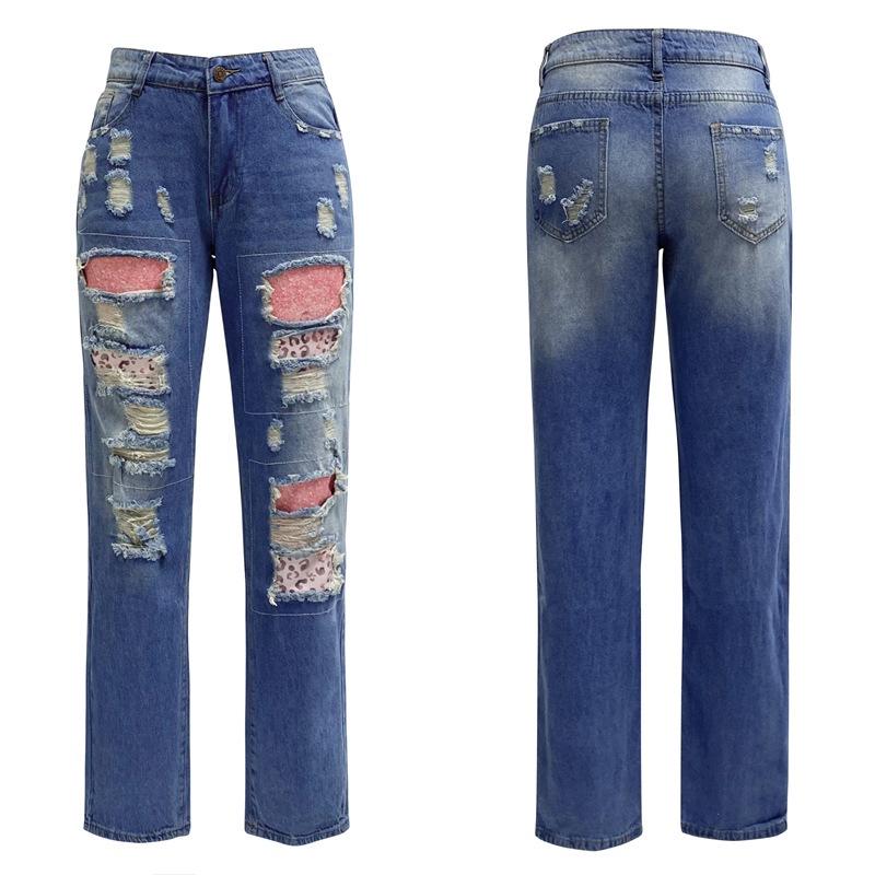 Damen-Jeans mit Rissen, Frühjahr 2025 – Lässige lange Hose mit Printapplikationen