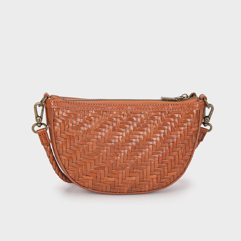Mini Woven Genuine Leather Crossbody Bag Women Vintage Style Shoulder With Phone Pocket