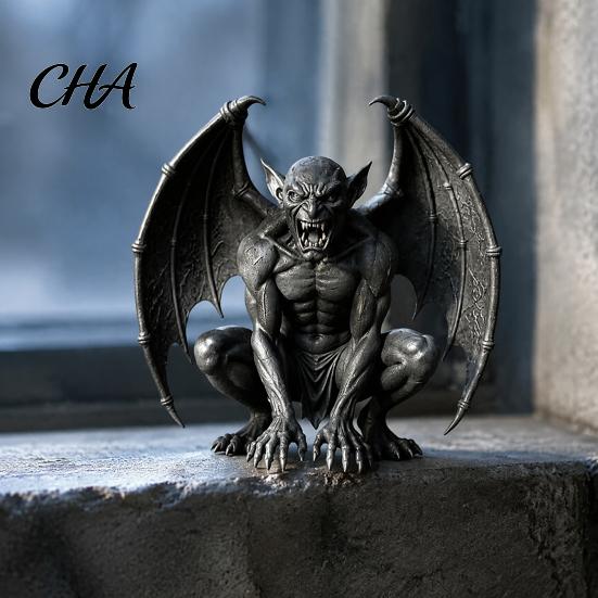Indoor Outdoor Garden Accents Gargoyle Figurine, Medieval Dark Winged Statue, Resin Gothic Sculpture Horn Demon Ornament for Office Bookshelf