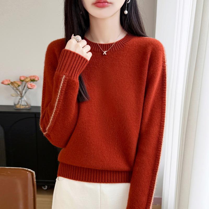 2026 Winter Pure Wool Color Block Knit Sweater - Thick, Double-Ply, Round Neck, Long Sleeve