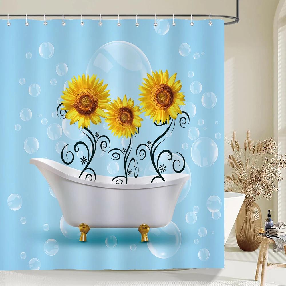 1pc sunflower style abstract shower curtain flowers pattern printed bathroom waterproof toilet partition bath curtain