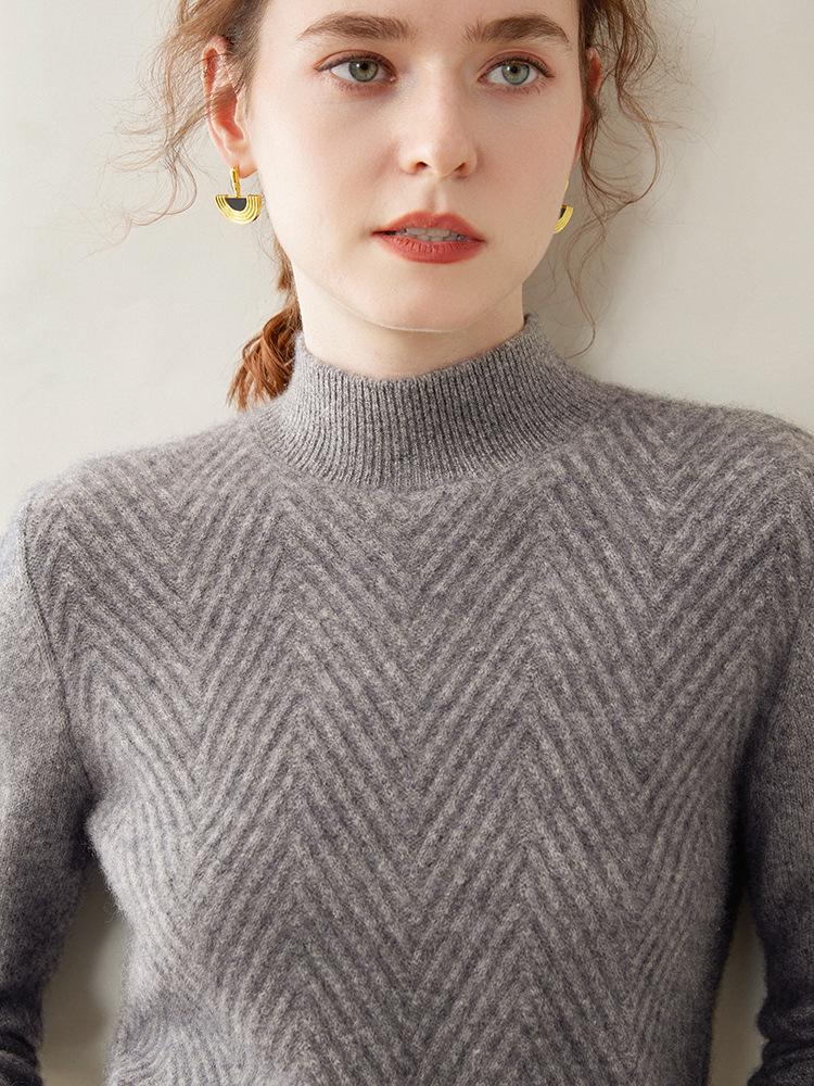 Women's Twist Pattern Cashmere Sweater - Half-High Collar, Knitted Pullover for Autumn/Winter, Loose Fit, Solid Color, Versatile Base Layer.