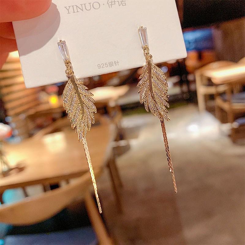 S925 Silver Leaf  Feather Tassel Earrings - Elegant, Face-Slimming Design with Full Diamond Accents