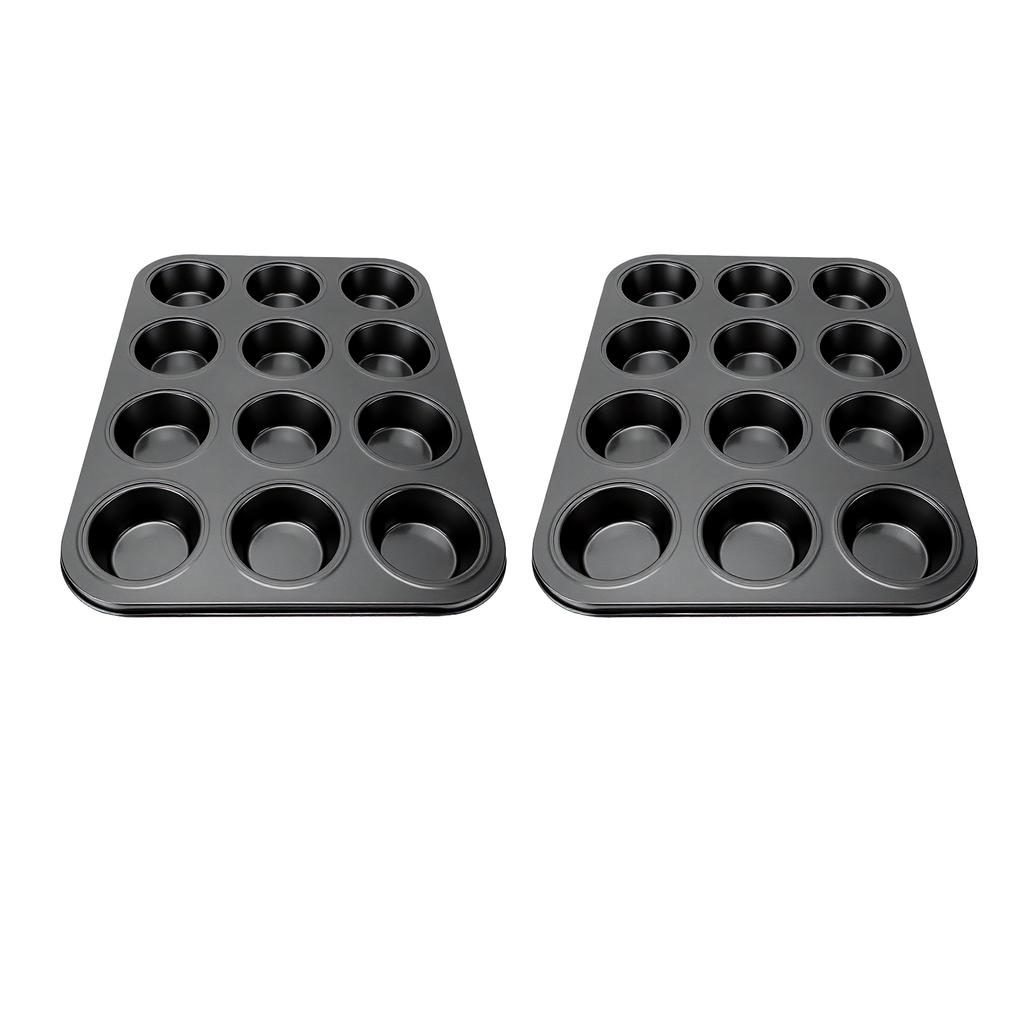2pcs Nonstick Bakeware Muffin Pans Baking Pan for Cupcakes Carbon Steel Sturdy Even Heat Distribution Easy to Clean 12