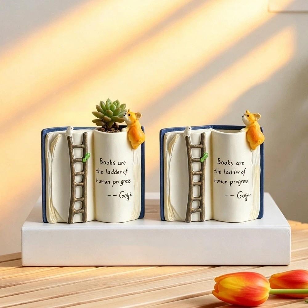 Cartoon Book-Shaped Planter Polyresin Open Book Flower Pot Succulent Planter  Small Planting Use