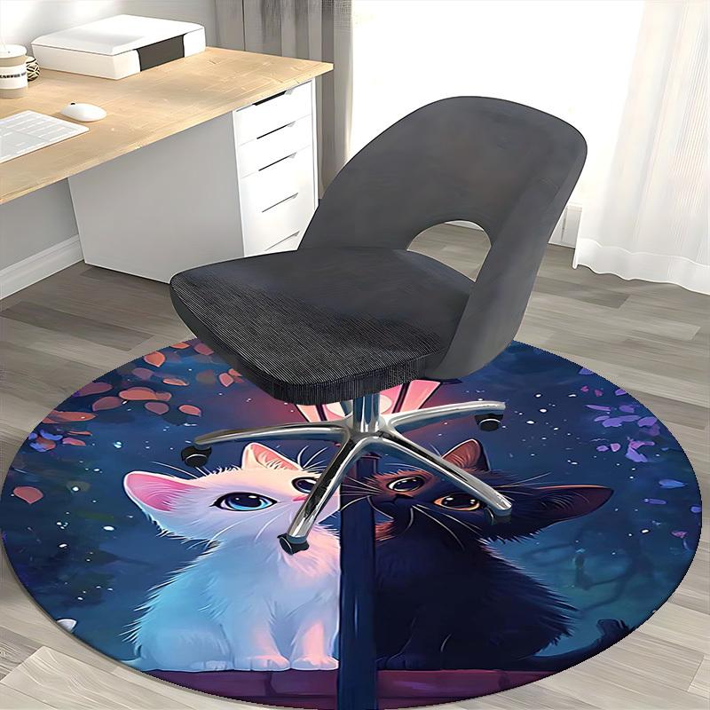 1pc Anime Design Round Carpet Cute Cat Couple with Heart Shaped Light Fixture, Office Chair Mat, Non Slip Rug for Home Decor