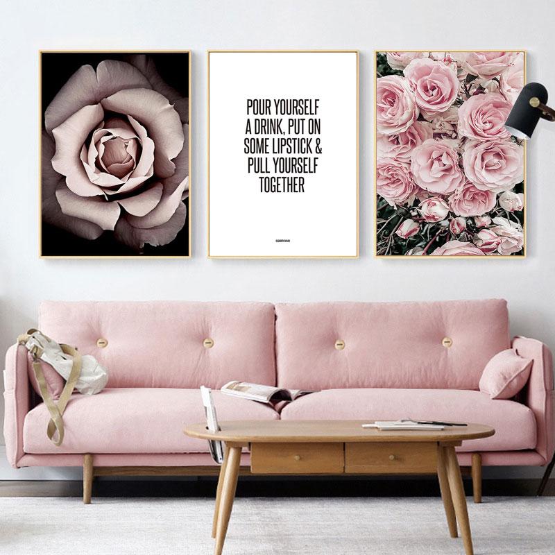 Pink Wall Art Peony Flowers Posters Pictures Quotes Bedroom Wall Decorative Prints Wall Painting for Living Room Decor Art