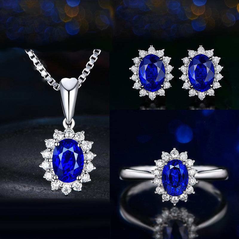 

Full Diamond Sapphire Princess Crown Necklace Set with Engagement Ring, Earrings, Pendant for Women 30% Brass Plated with Platinum