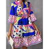 Fall Fashion New Arrival Fashion V Neck Chain Irregular Pattern Print Ruffles Hem Bell Sleeve Dress Dress