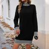 Women Spring Autumn Stand Collar Long Sleeve Color Matching Loose Knitted Sweater Dress