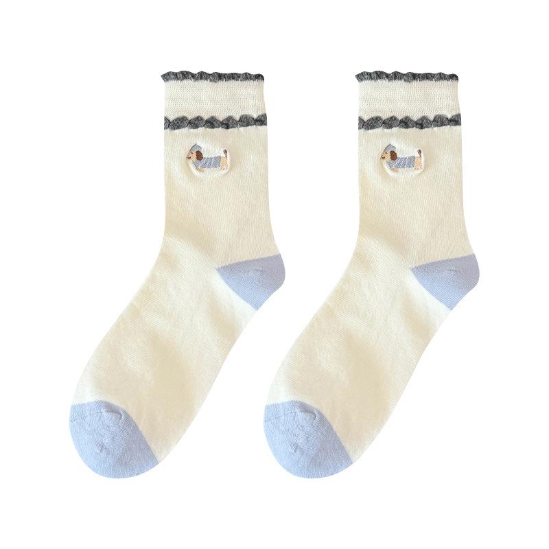 "Polka Dot Cartoon Bear Mid-Calf Women’s Socks - Korean & Japanese Style, Striped Color Block, Perfect for Spring & Autumn”