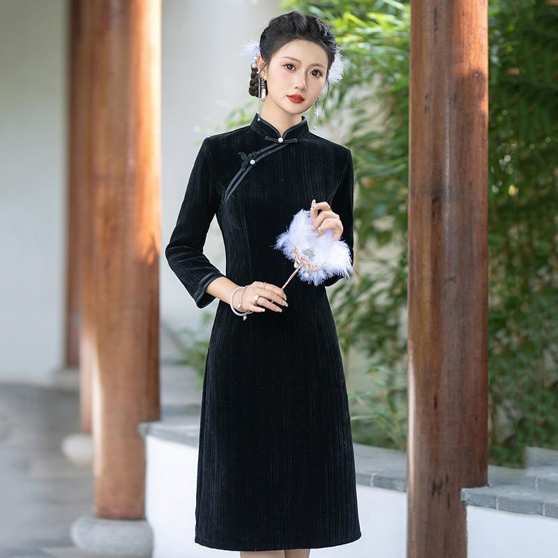 Slim Fit Black Dress Women Vintage Chinese Style Long Sleeve Midi Wear Medium