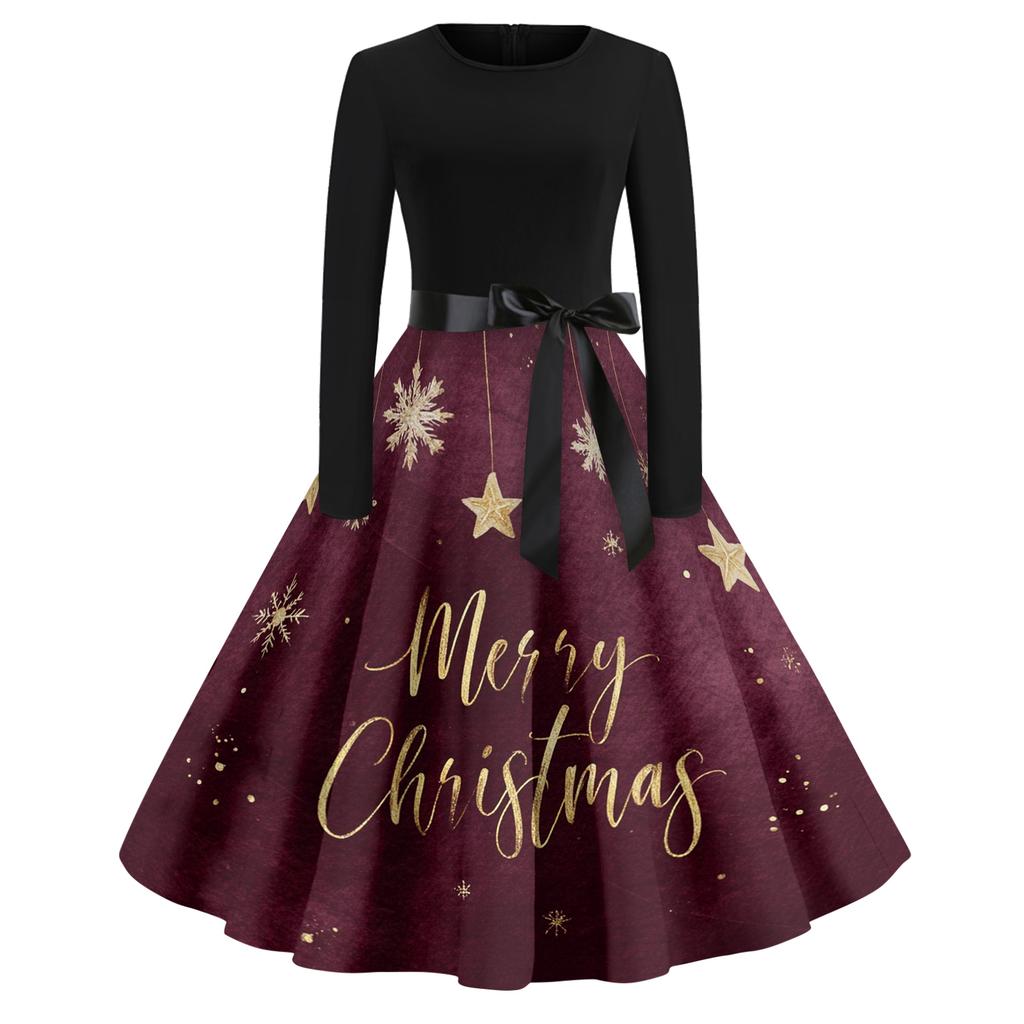Women's Casual Fashion Round Neck Christmas Printed Vintage Dress