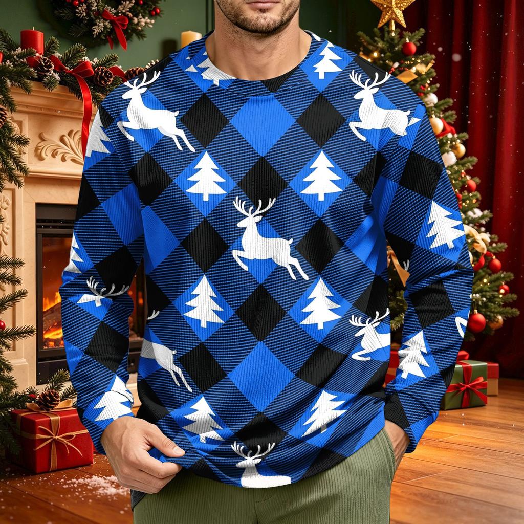 Men's Corduroy Long Sleeve Neck Shirt with Christmas Print Holiday Party Top