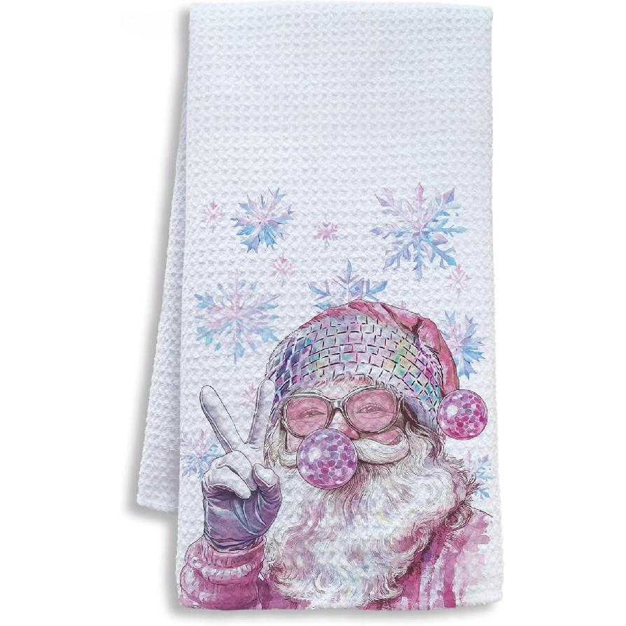 Pink Santa Winter Kitchen Towels, Snowflake Winter Dish Tea Towels for Kitchen, Funny Christmas Santa Claus Holiday Decorative Hand Towel for