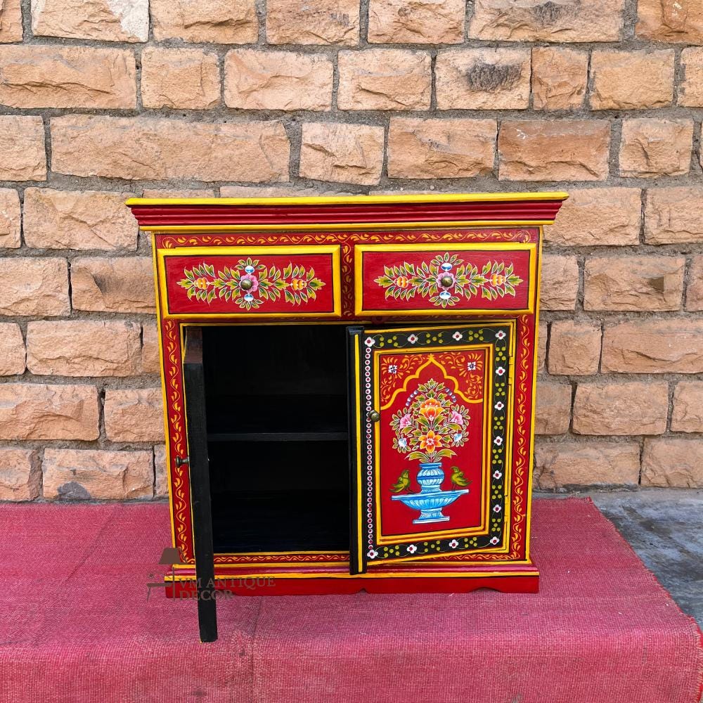 Wooden Painted Cabinet | Traditional Indian Storage Desk SideBoard| Bedside Floral Design | Home Decor Cupboard | Painted Accent Furniture
